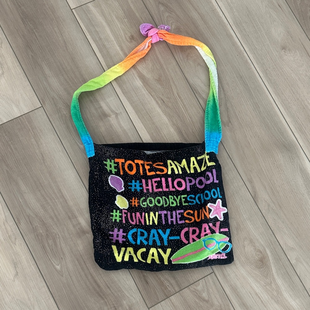 EUC Justice Brand Black Pool Swim Tote Bag with Colorful Hashtags Towel Material